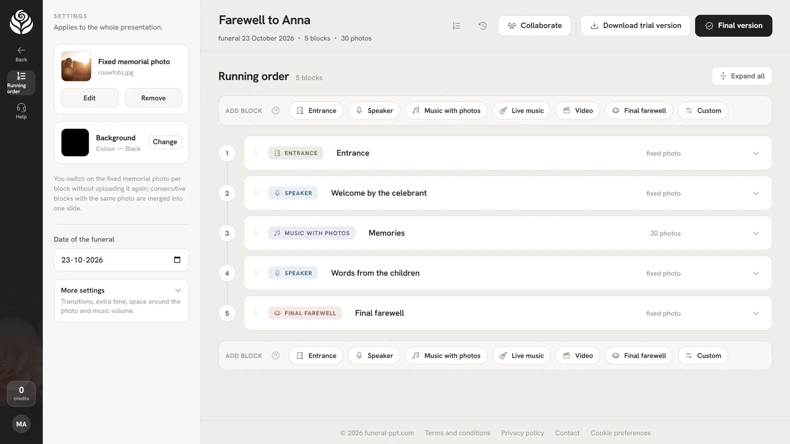 Running order in blocks for making a funeral presentation yourself