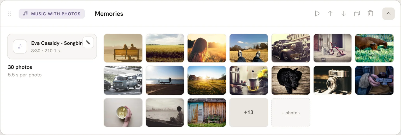 Music with photos block in the tool with automatic time per photo