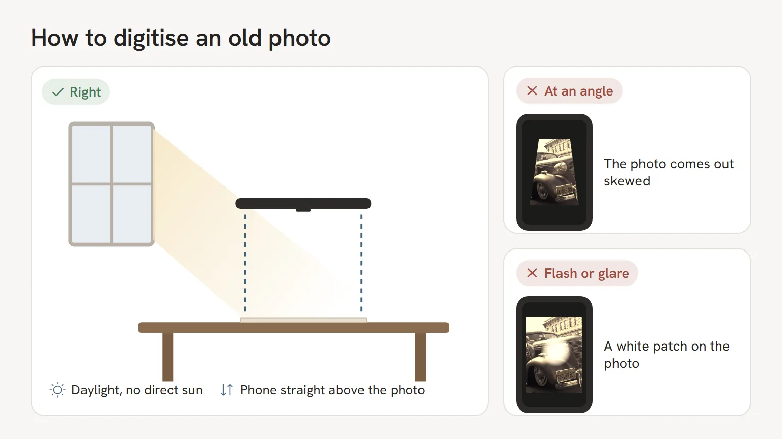 Digitising an old photo with a phone held straight above it in daylight