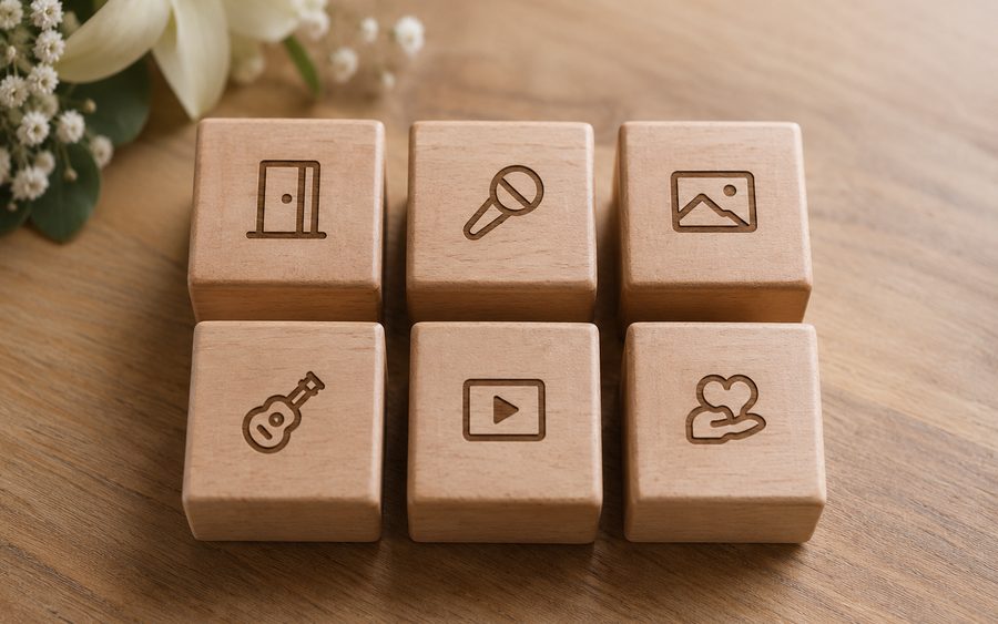 Wooden blocks with the icons of the six block types of a funeral slideshow